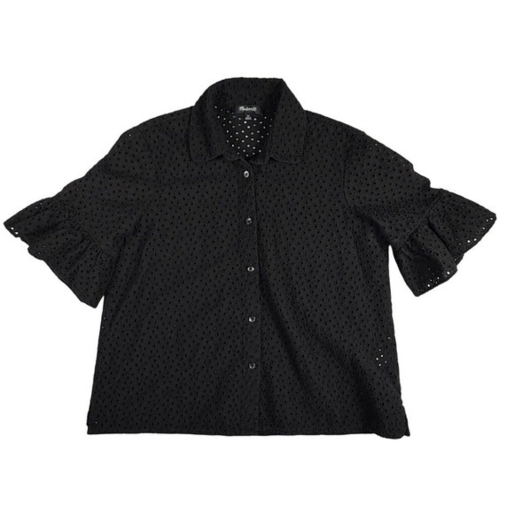 Madewell Black Eyelet Ruffle Sleeve Button Up Shirt Top Womens XS